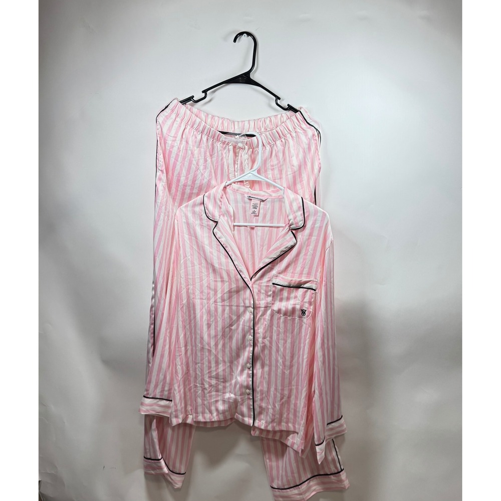 Victoria's Secret Pink White Stripe Satin Pajama Set Long Sleeve Button Down PJs